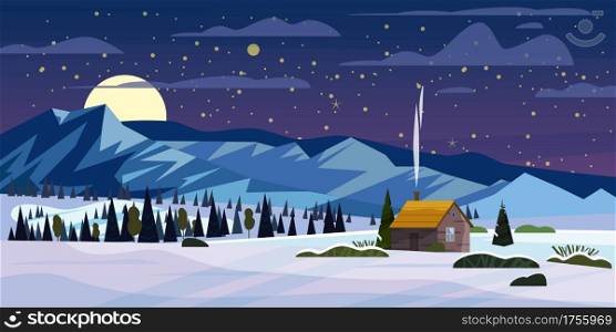 Winter mountains snow landscape panorama, pines ate, hills lonely building, field, night, moon. Vector illustration card, poster banner. Winter mountains snow landscape panorama, pines ate, hills lonely building, field, night, moon. Vector illustration card, poster, banner template