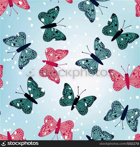 Winter multicolor butterflies seamless vector pattern blue background with snow. Winter wallpaper