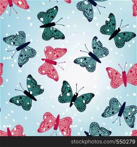 Winter multicolor butterflies seamless vector pattern blue background with snow. Winter wallpaper