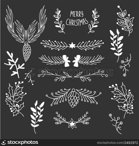 Winter natural sketch template with tree branches cones and holly berry on dark background vector illustration. Winter Natural Sketch Template