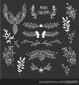 Winter natural sketch template with tree branches cones and holly berry on dark background vector illustration. Winter Natural Sketch Template