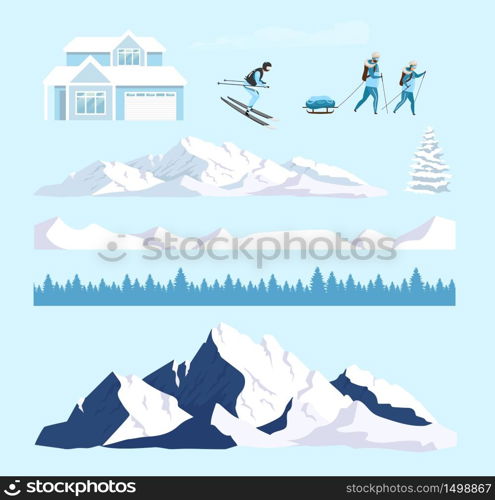 Winter nature cartoon vector objects set. Ski resort snowy mountains constructor. Skier and hills flat color illustrations collection. Forest lodge, snow peaks isolated pack on white background. Winter nature cartoon vector objects set