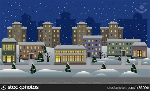 Winter night cityscape vector cartoon background. Modern city landscape with residential houses and shop buildings, snow and trees. Christmas or New Year night. Flat design style, vector illustration