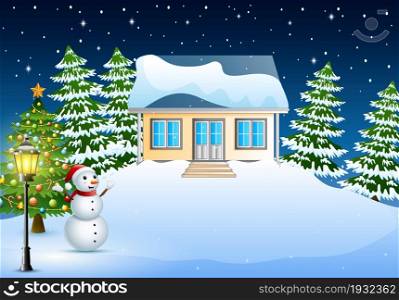 Winter night landscape with house in the christmas day