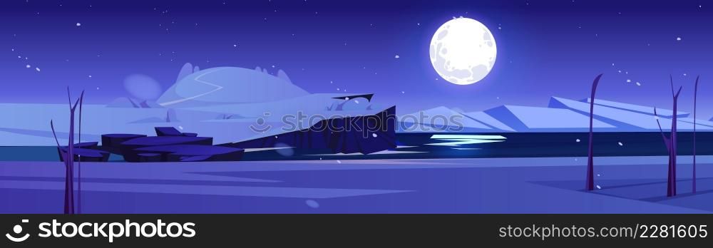 Winter night nature landscape, cartoon background with full moon shining in sky with stars above snowy cliff, frozen sea, mountains, bare trees and rocks. nighttime moonlight scene Vector illustration. Winter night nature landscape, cartoon background