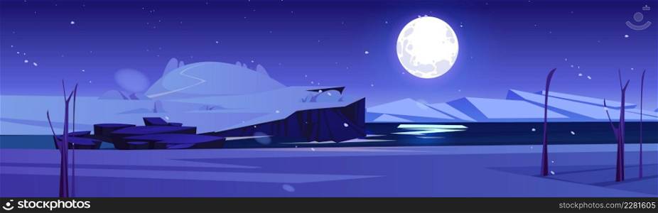 Winter night nature landscape, cartoon background with full moon shining in sky with stars above snowy cliff, frozen sea, mountains, bare trees and rocks. nighttime moonlight scene Vector illustration. Winter night nature landscape, cartoon background