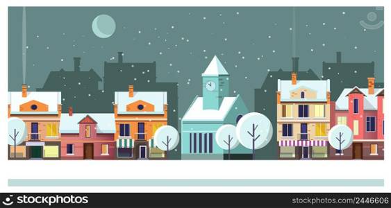 Winter night townscape with houses and moon vector illustration. Night town scene. Night townscape concept. For websites, wallpapers, posters or banners.