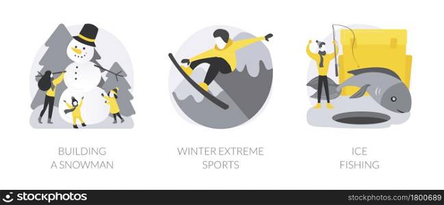 Winter outdoor activities abstract concept vector illustration set. Building a snowman, winter extreme sports, ice fishing, Christmas holiday, mountain resort, travel and hobby abstract metaphor.. Winter outdoor activities abstract concept vector illustrations.