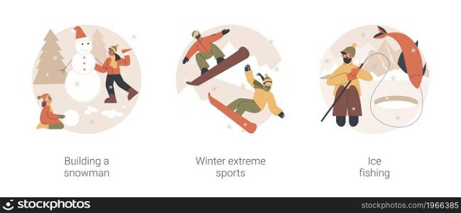 Winter outdoor activities abstract concept vector illustration set. Building a snowman, winter extreme sports, ice fishing, Christmas holiday, mountain resort, travel and hobby abstract metaphor.. Winter outdoor activities abstract concept vector illustrations.