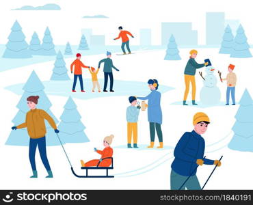 Winter outdoor activity. Happy parents with children walk, have fun in snow city park, people go skiing, making snowman and other activities outdoors vector background. Winter outdoor activity. Happy parents with children walk, have fun in snow city park, people go skiing, making snowman. Vector background