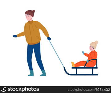 Winter outdoor games. Father carries child on sled. People cold season activities, parents with children together, happy family walking. Leisure time vector cartoon flat style isolated illustration. Winter outdoor games. Father carries child on sled. People cold season activities, parents with children together, happy family walking. Vector cartoon flat isolated illustration