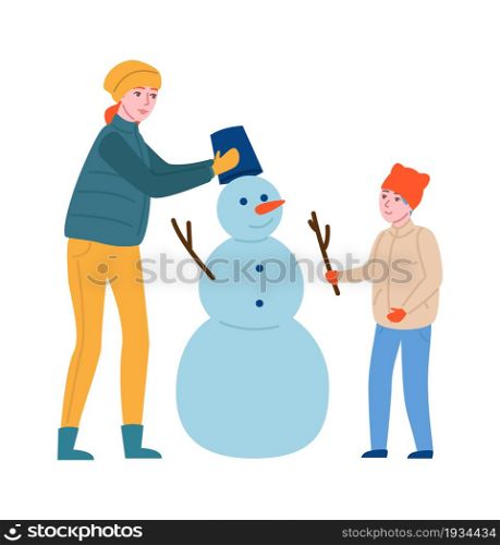 Winter outdoor games. Happy mother and son build snowman. People cold season activities, parent with child together, family christmas vacation leisure time. Vector cartoon flat style isolated set. Winter outdoor games. Happy mother and son build snowman. People cold season activities, parent with child together, family vacation leisure time. Vector cartoon flat isolated set