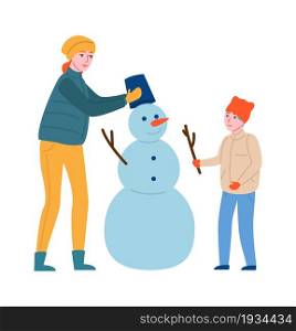 Winter outdoor games. Happy mother and son build snowman. People cold season activities, parent with child together, family christmas vacation leisure time. Vector cartoon flat style isolated set. Winter outdoor games. Happy mother and son build snowman. People cold season activities, parent with child together, family vacation leisure time. Vector cartoon flat isolated set
