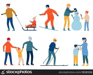 Winter outdoor games. People activities, parents with children making snowman, skiing and sledding, drink hot tea, happy family on vacation vector set. Winter outdoor games. People activities, parents with children making snowman, skiing and sledding, drink hot tea, happy family. Vector set