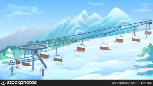 Winter outdoor resort background with ski lift cable and tourists on snowy nature landscape vector illustration. Winter Outdoor Resort Background