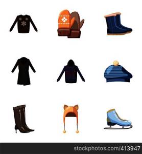 Winter outfits icons set. Cartoon illustration of 9 winter outfits vector icons for web. Winter outfits icons set, cartoon style
