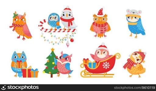 Winter owl. Cute christmas birds of set celebrating. Vector of bird christmas owl for card design, decoration holiday character illustration. Winter owl. Cute christmas birds of set celebrating