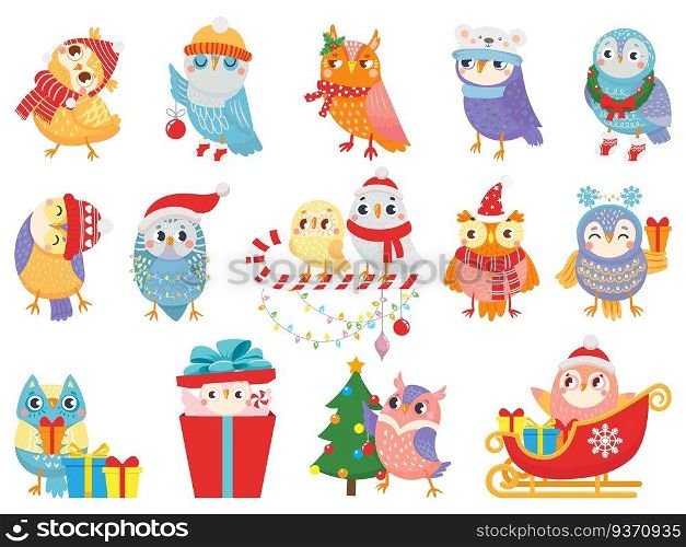 Winter owl. Cute christmas birds, owls in scarf and hat and bird mascot. 2020 Xmas owl birdie character in gift box, in sleigh or decorate tree. Isolated icons vector illustration set. Winter owl. Cute christmas birds, owls in scarf and hat and bird mascot vector illustration set