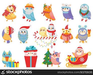 Winter owl. Cute christmas birds, owls in scarf and hat and bird mascot. 2020 Xmas owl birdie character in gift box, in sleigh or decorate tree. Isolated icons vector illustration set. Winter owl. Cute christmas birds, owls in scarf and hat and bird mascot vector illustration set