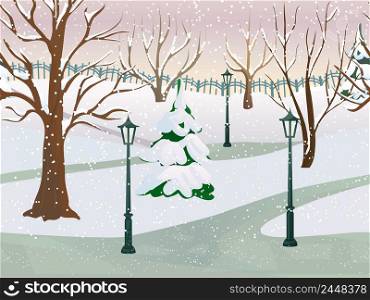 Winter park 2d game landscape with trees covered with snow flat vector illustration. Winter Park Landscape