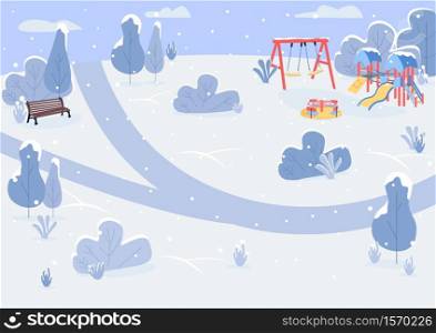 Winter park flat color vector illustration. Public park and with bench and playground equipment. Snowy weather. Outdoor recreation area in winter 2D cartoon landscape with snowy trees on background. Winter park flat color vector illustration