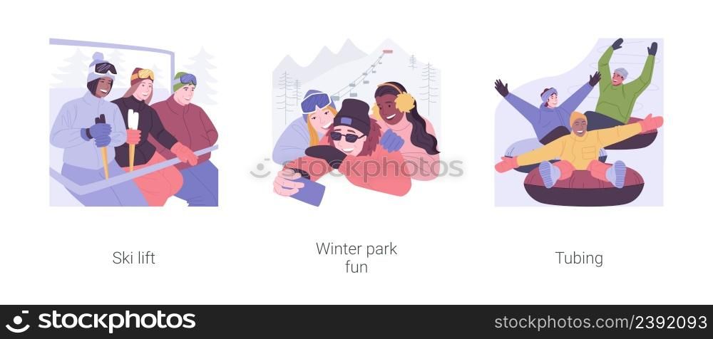 Winter park isolated cartoon vector illustrations set. Smiling people at the ski lift, diverse friends take selfie outdoors, winter holidays, extreme sport, riding tubing, having fun vector cartoon.. Winter park isolated cartoon vector illustrations set.