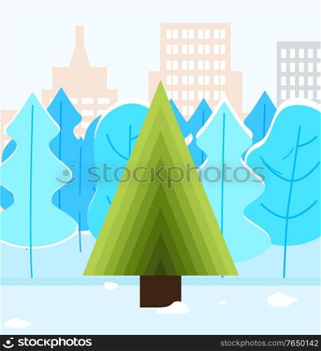 Winter park with fir-tree in center of snowy land. Urban forest with cityscape view and traditional symbol Christmas tree in city. Spruce sign near high buildings with snow-falling weather vector. Fir-tree in Urban Winter Park near Building Vector
