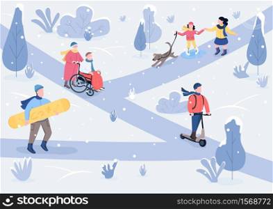 Winter parkland flat color vector illustration. Children with dog and elderly couple in snowy park. Winter outdoor time spending 2D cartoon characters with snowy trees on background. Winter parkland flat color vector illustration