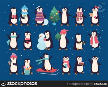 Winter penguins. Cute wild baby characters north pole animals penguins in sweater and scarf vector set. Antarctica penguin wildlife, decembers holiday illustration. Winter penguins. Cute wild baby characters north pole animals penguins in sweater and scarf vector set