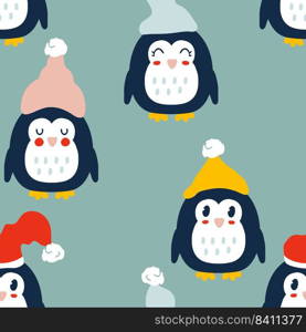 Winter penguins in hats seamless pattern. Perfect print for T-shirt, textile, fabric and paper. Hand drawn vector illustration for decor and design.