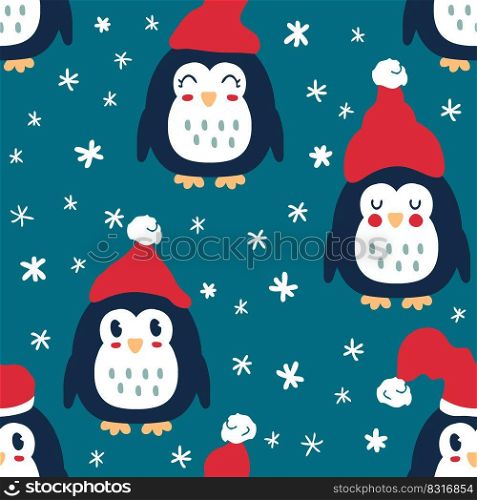 Winter penguins in hats with snowflakes seamless pattern. Perfect print for paper, textile and fabric. Hand drawn vector illustration for decor and design.