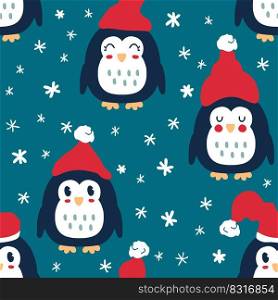 Winter penguins in hats with snowflakes seamless pattern. Perfect print for paper, textile and fabric. Hand drawn vector illustration for decor and design.