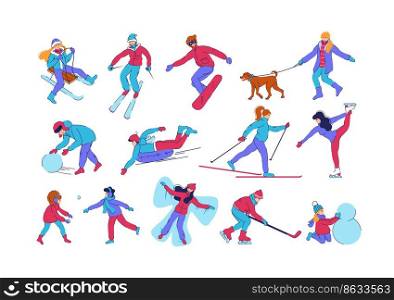 Winter people activities. Happy persons ride on snowboard or sleigh. Active snow leisure. Man play hockey. Children throw snowball. Kid makes snowman. Figure skating. Vector isolated illustrations set. Winter people activities. Persons ride on snowboard or sleigh. Active leisure. Man play hockey. Children throw snowball. Kid makes snowman. Figure skating. Vector isolated illustrations set