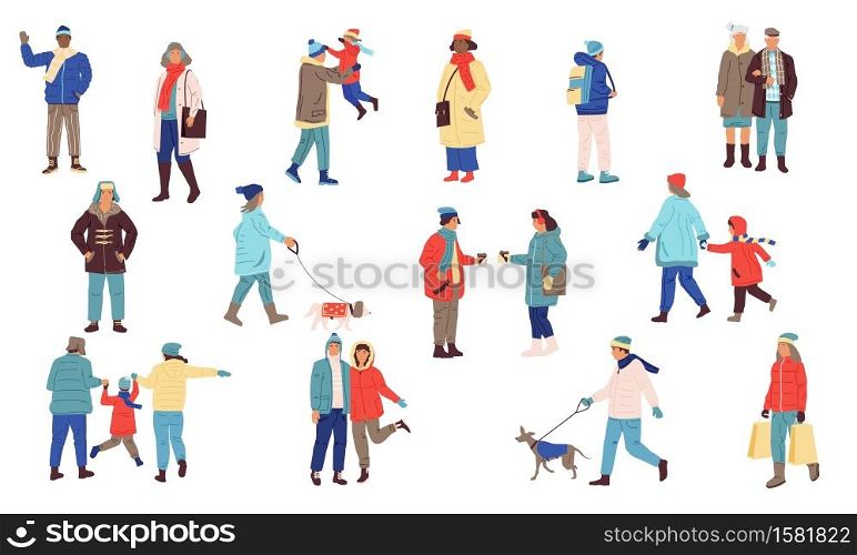 Winter people. Cartoon men and women in cozy winter clothes. Young and old human walking outdoor, urban lifestyle isolated elements. Cold season holidays activities with children and dogs vector set. Winter people. Men and women in winter clothes. Young and old human walking outdoor, city lifestyle isolated elements. Cold season holidays activities with children and dogs vector set