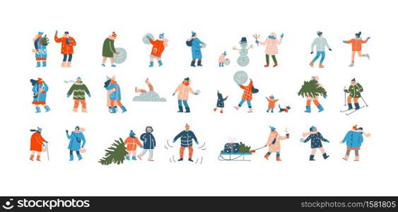 Winter people. Group of cartoon characters dressed in winter clothes with scarves and hats, doing outdoor Christmas activities. Families make snowman, carry Xmas trees. Vector flat isolated set. Winter people. Group of cartoon characters dressed in winter clothes with scarves and hats, doing outdoor activities. Families make snowman, carry Xmas trees. Vector flat isolated set