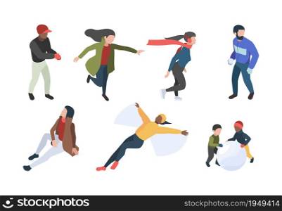 Winter people. Isometric characters in winter clothes walking enjoying xmas romantic season garish vector collection. Winter character in warm clothes illustration. Winter people. Isometric characters in winter clothes walking enjoying xmas romantic season garish vector collection