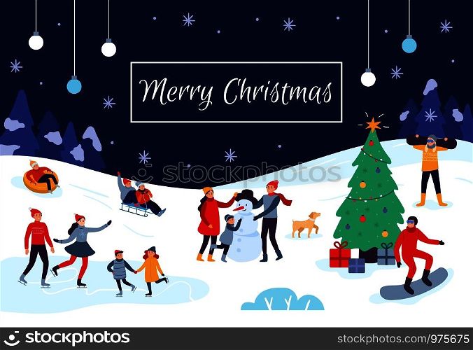 Winter people Merry Christmas card. Snow activities, happy kids make snowman and xmas holiday postcard. Celebration 2020 New Year poster, skating humans activity event poster vector illustration. Winter people Merry Christmas card. Snow activities, happy kids make snowman and xmas holiday postcard vector illustration