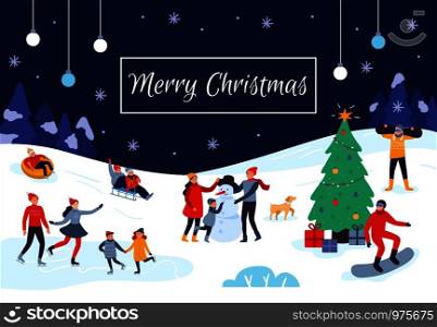 Winter people Merry Christmas card. Snow activities, happy kids make snowman and xmas holiday postcard. Celebration 2020 New Year poster, skating humans activity event poster vector illustration. Winter people Merry Christmas card. Snow activities, happy kids make snowman and xmas holiday postcard vector illustration