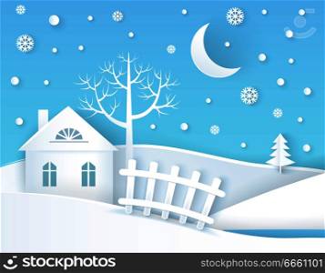 Winter placard with calm village, tranquil building with fence and tree beside it, pine in distance, moon and snowflakes, vector illustration. Winter Placard Calm Village Vector Illustration