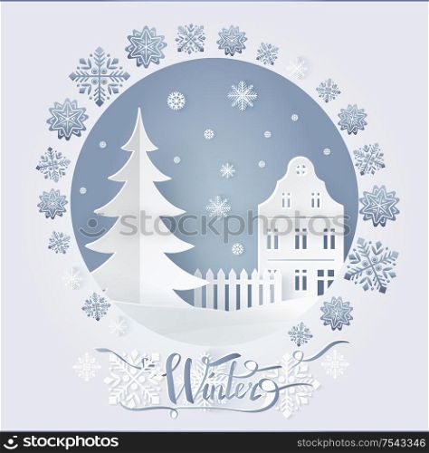 Winter postcard decorated by high-rise building near fence and fir-tree, snowy dark sky. Greeting card with snowflakes in flat style and white color vector, paper art and craft style. Winter Card High-rise Building and Fir-tree Vector