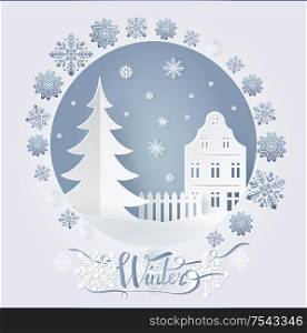 Winter postcard decorated by high-rise building near fence and fir-tree, snowy dark sky. Greeting card with snowflakes in flat style and white color vector, paper art and craft style. Winter Card High-rise Building and Fir-tree Vector