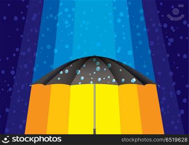 Winter rain drops background with umbrella and rays of sun. Abstract rain umbrella
