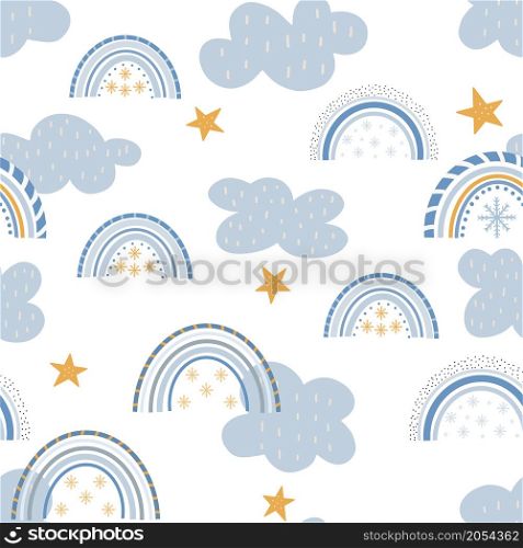 Winter Rainbow cute pattern. Digital paper. Creative childish print for fabric, wrapping, textile, wallpaper, apparel.Vector cartoon illustration in pastel colors. Winter Rainbow cute pattern. Digital paper. Creative childish print.