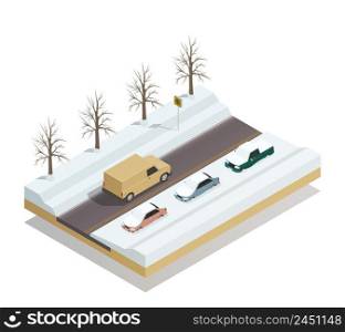 Winter road with riding pickup truck and cars parked at roadside under snow isometric composition vector illustration . Winter Road Landscape Isometric Composition