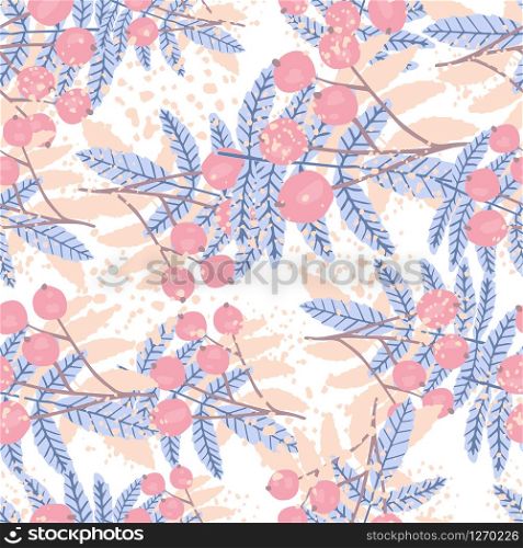 Winter rowan berry and leaf seamless pattern on white background. Botanical wallpaper. Textile print design. Design for fabric, textile print, wrapping paper, kitchen textiles. Vector illustration. Winter rowan berry and leaf seamless pattern on white background.