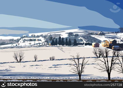 Winter rural landscape Vector. Small village and lot of snow background illustration. Winter rural landscape Vector. Small village and lot of snow background illustrations