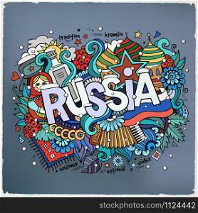 Winter Russia hand lettering and doodles elements background. Vector illustration. Winter Russia hand lettering and doodles elements background