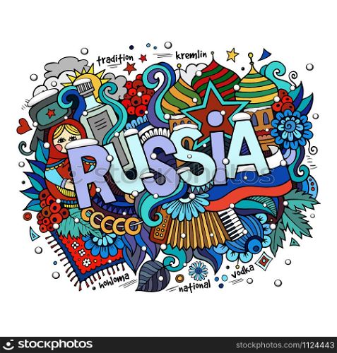 Winter Russia hand lettering and doodles elements background. Vector illustration