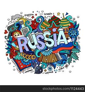 Winter Russia hand lettering and doodles elements background. Vector illustration