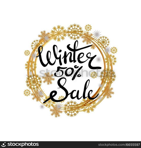 Winter sale 50 % poster in decorative frame made of silver and golden snowflakes and round circles, snowballs of gold in x-mas border isolated on white vector. Winter Sale Poster in Frame Made of Snowflakes